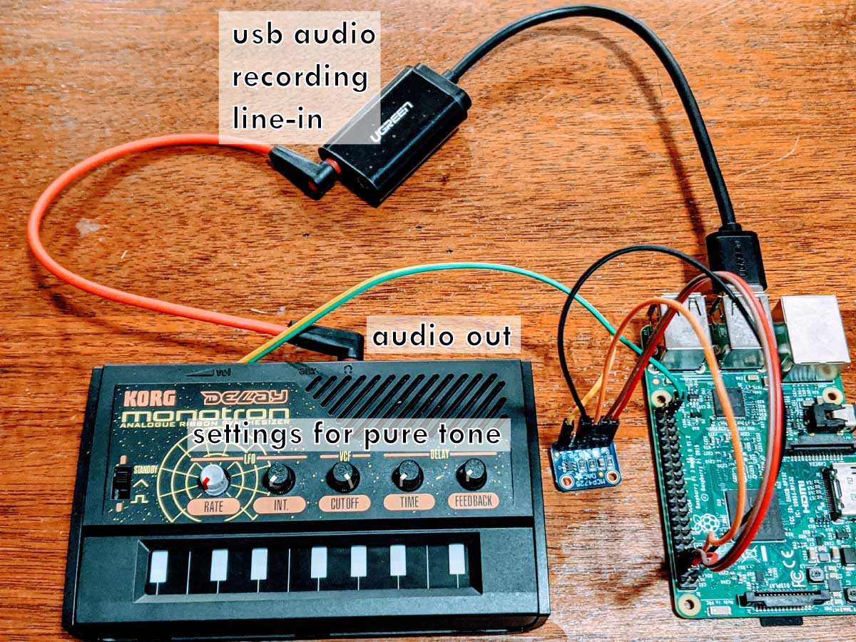 Connecting the Monotron to the Raspberry Pi for self-calibration.